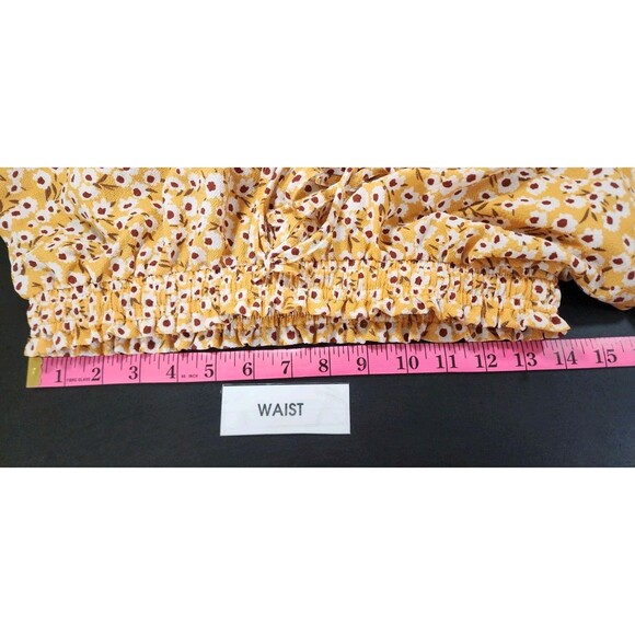 Womens Medium Yellow Mini Skirt Floral Tierd Ruffle Crinkle Smocked Cottage - Picture 13 of 15
